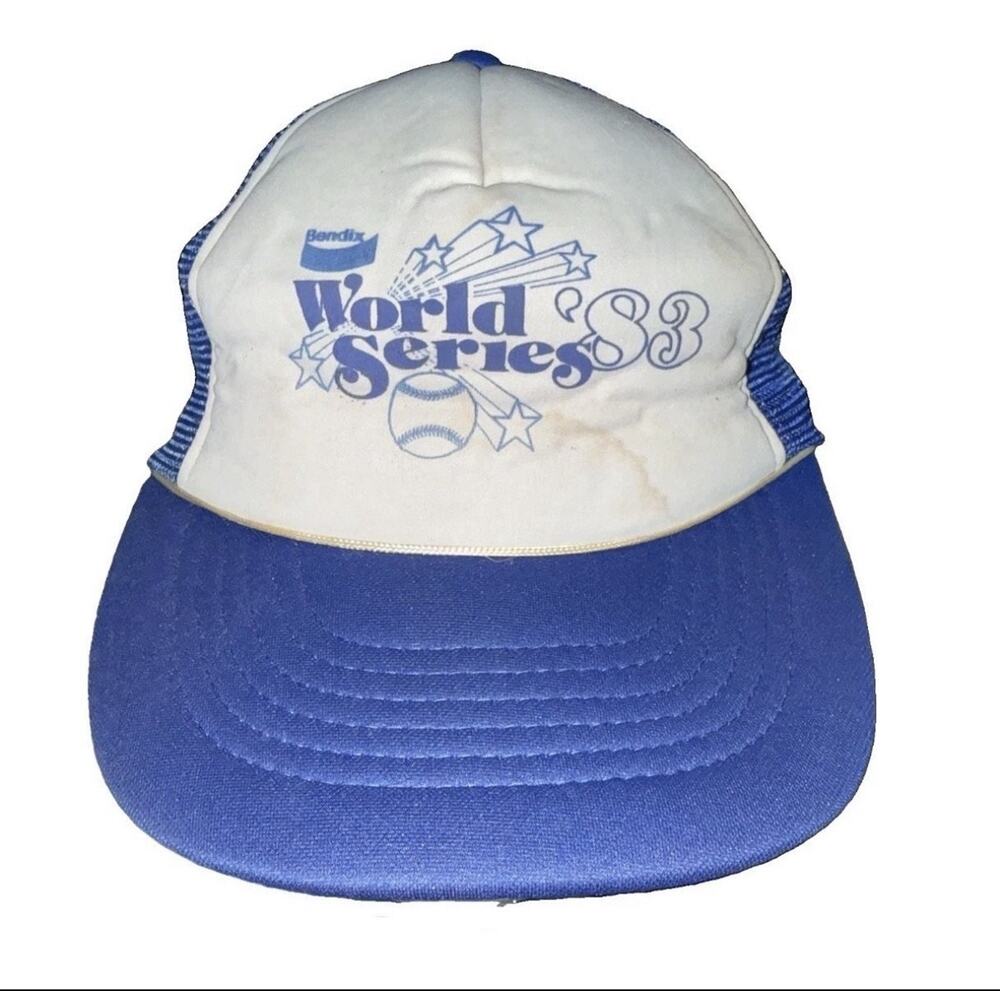 World Series '83 Mesh K-Studio Bendix Trucker Hat Baseball Mens OSFA Blue 1980s